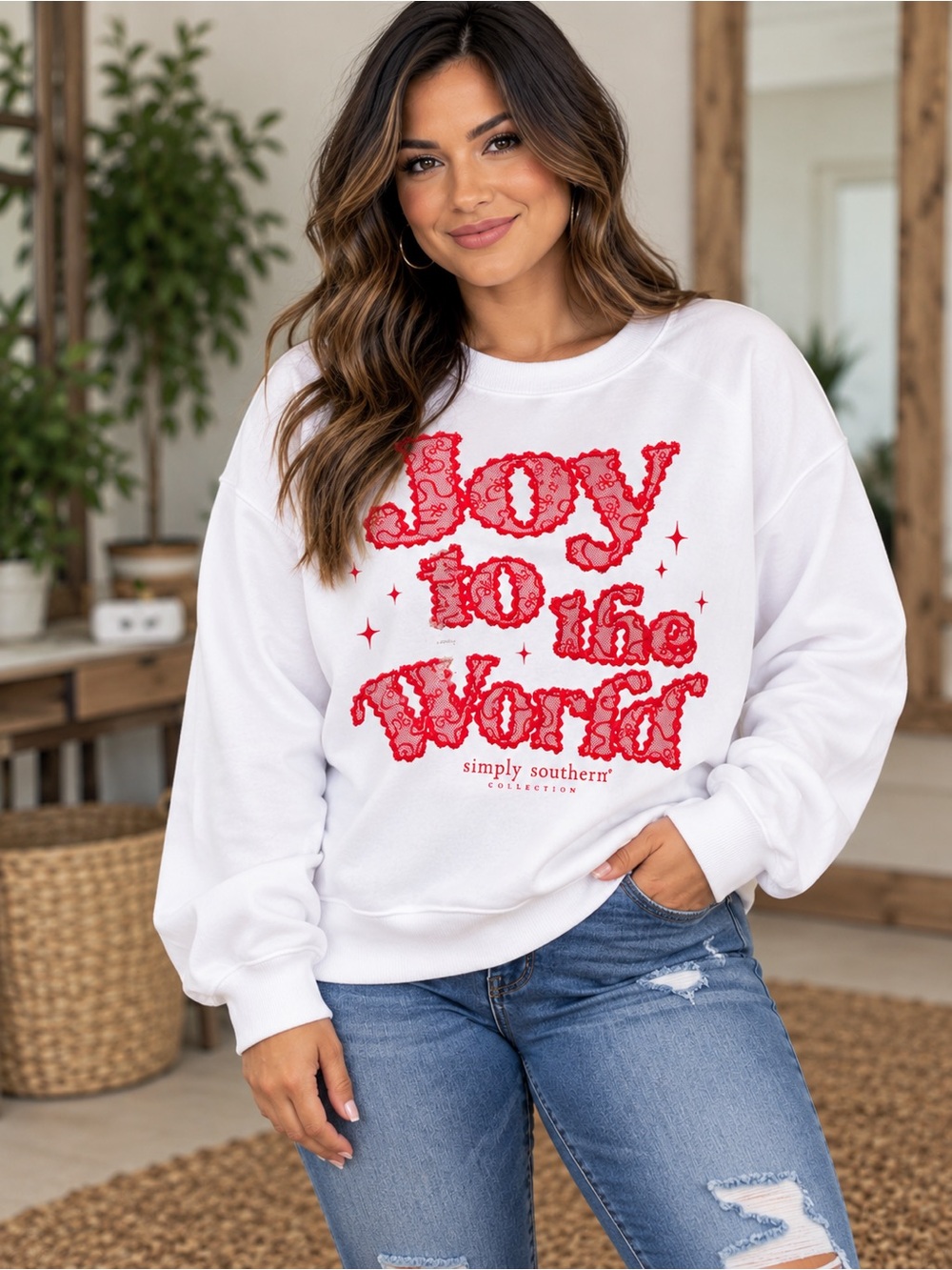 Simply Southern White & Red "Joy to the World" Graphic Sweatshirt